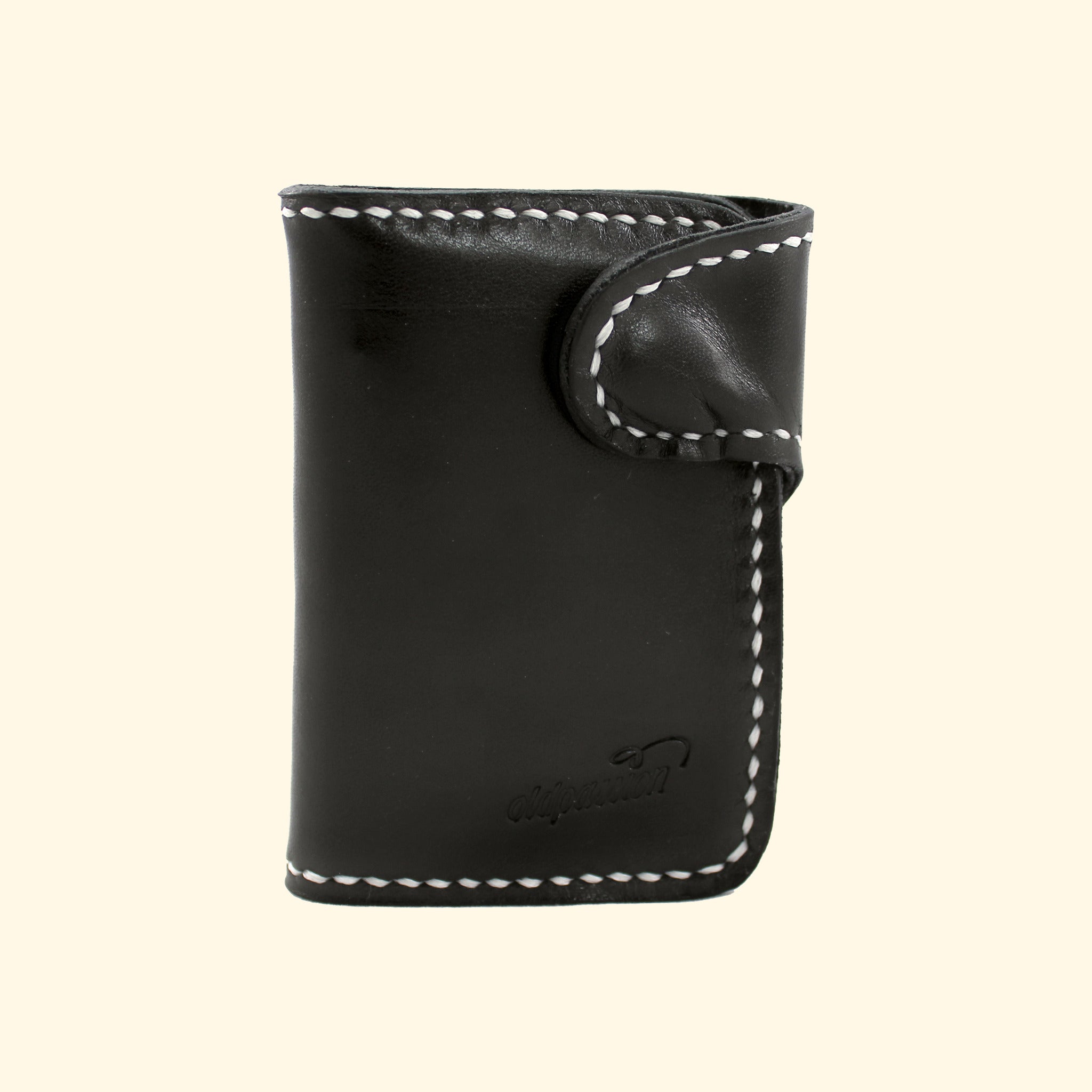 Snap Wallet schwarz mit rohweissem Faden, Vorderseite, oldpassion