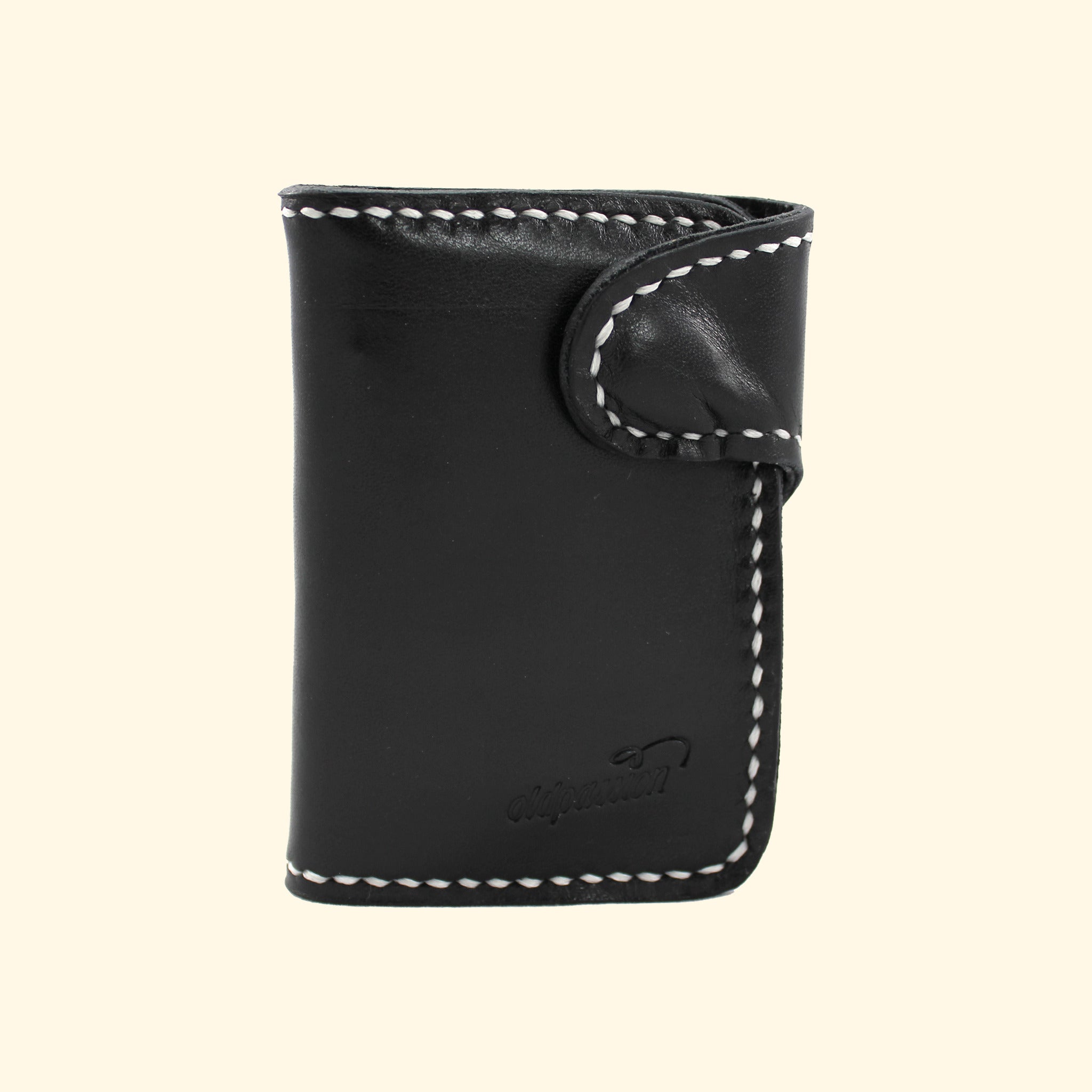 Snap Wallet schwarz mit weissem Faden, Vorderseite, oldpassion