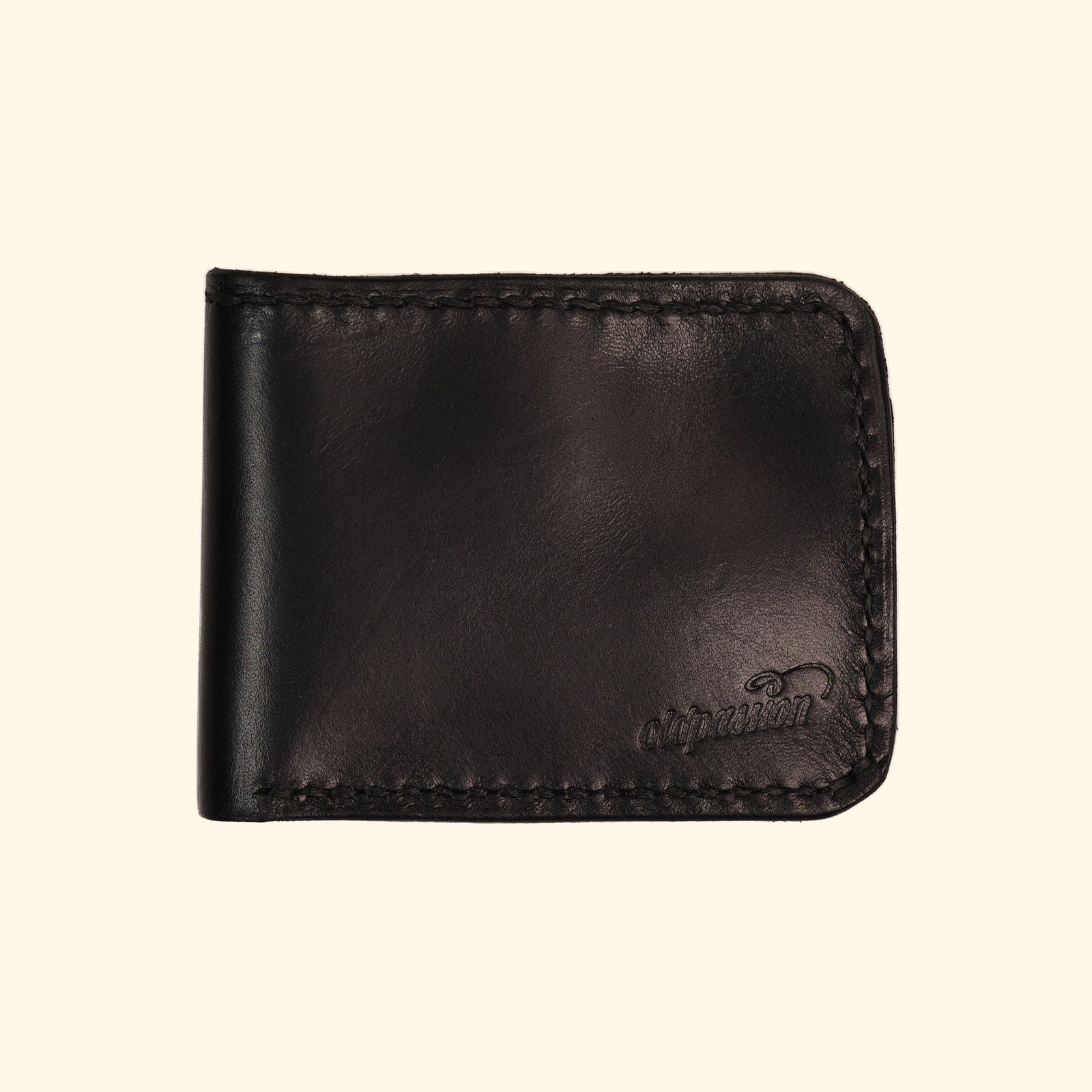 Bifold-Wallet-Leder-Portemonnaie-handgemacht-schwarz-oldpassion-from-prison-with-love-vorderseite