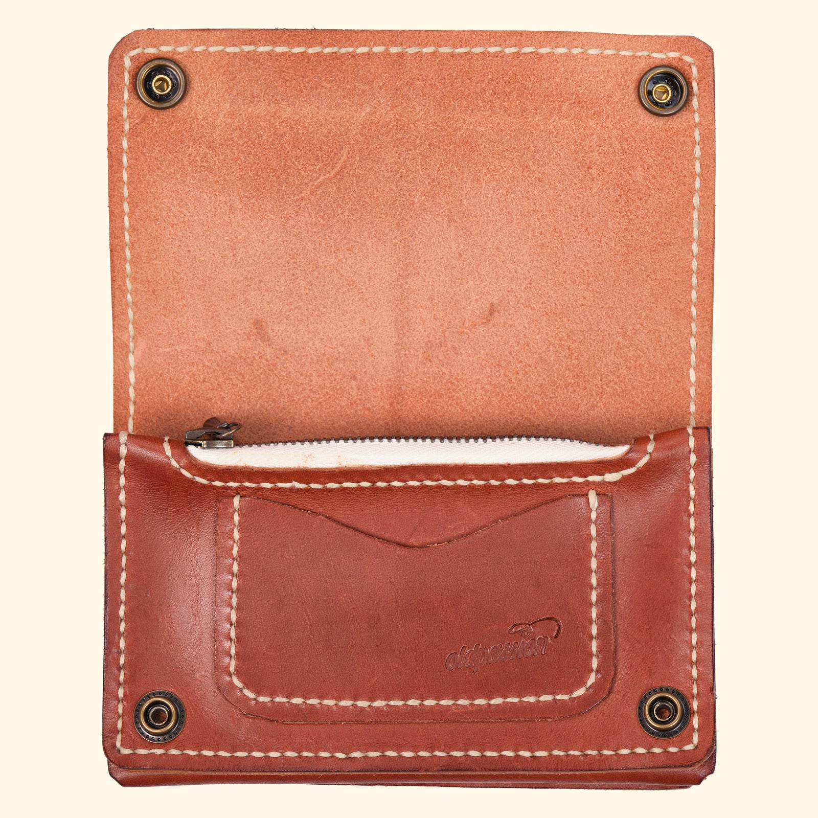 Trucker-Wallet-Extravagantes-Leder-Portemonnaie-hellbraun-Leder-antique-hardware-oldpassion-from-prison-with-love-Vorderseite-geöffnet