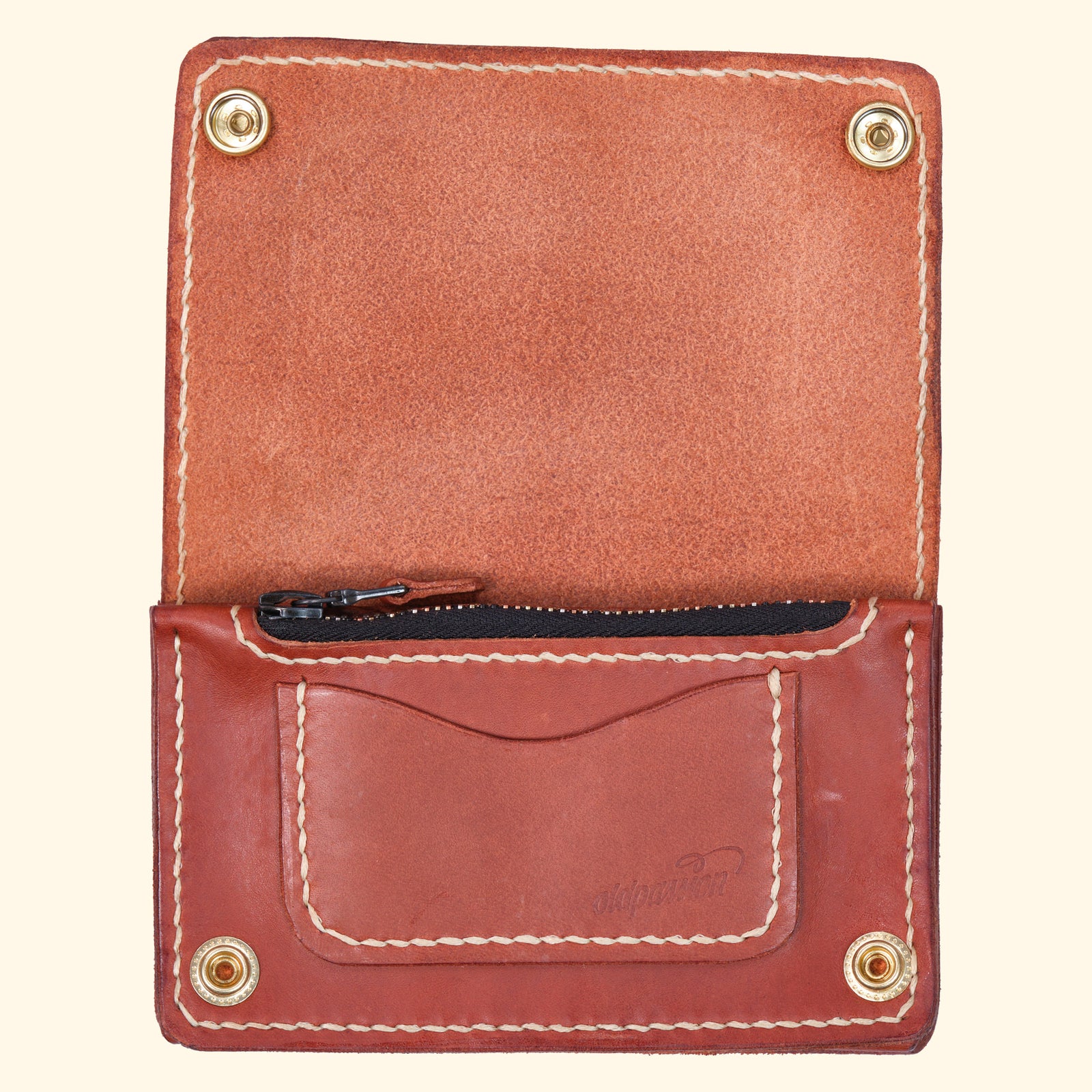 Trucker-Wallet-Extravagantes-Leder-Portemonnaie-hellbraun-Leder-gold-hardware-oldpassion-from-prison-with-love-Vorderseite-geöffnet