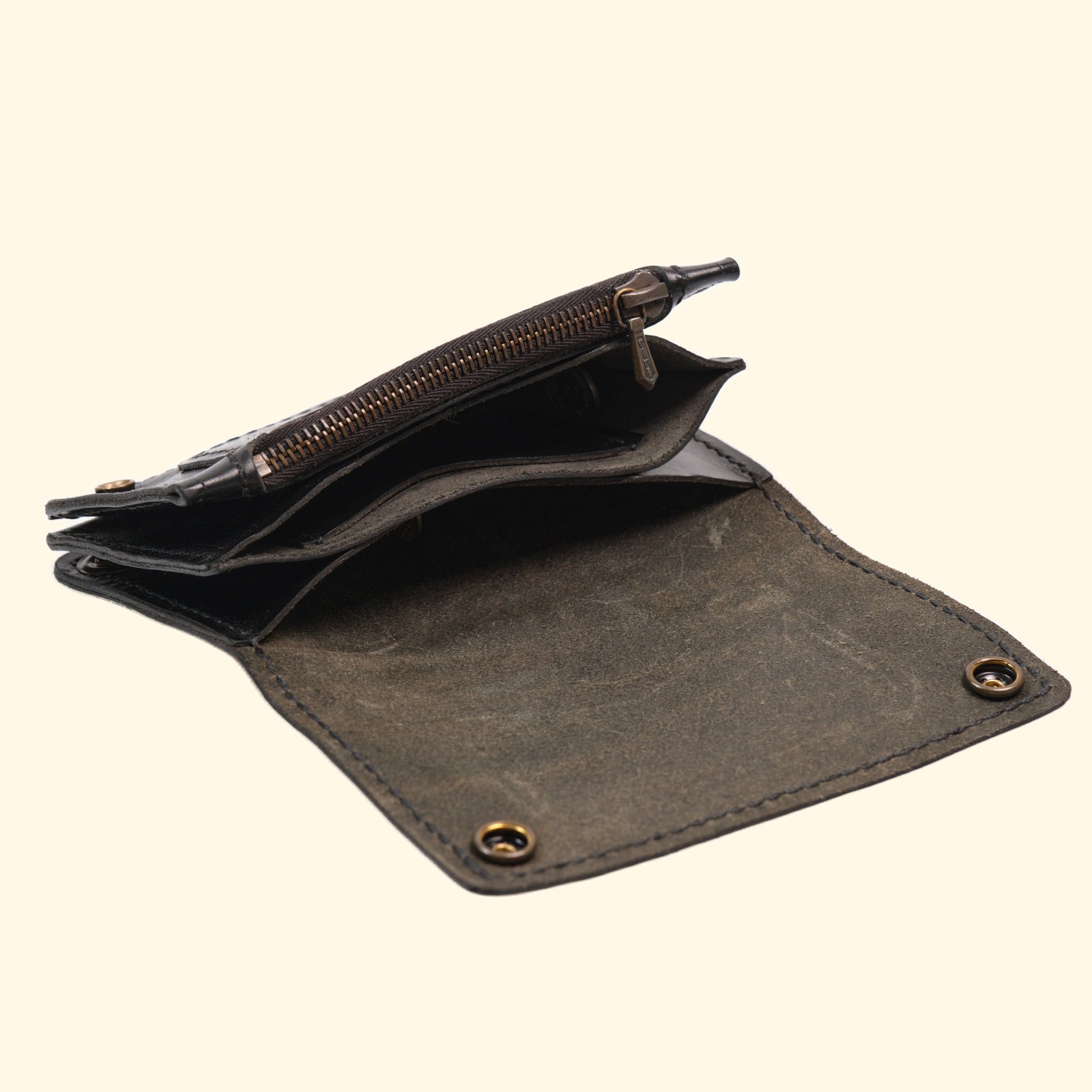 Trucker-Wallet-Extravagantes-Leder-Portemonnaie-schwarz-Leder-antique-hardware-oldpassion-from-prison-with-love-Bargeld-und-Kreditkarten-Faecher