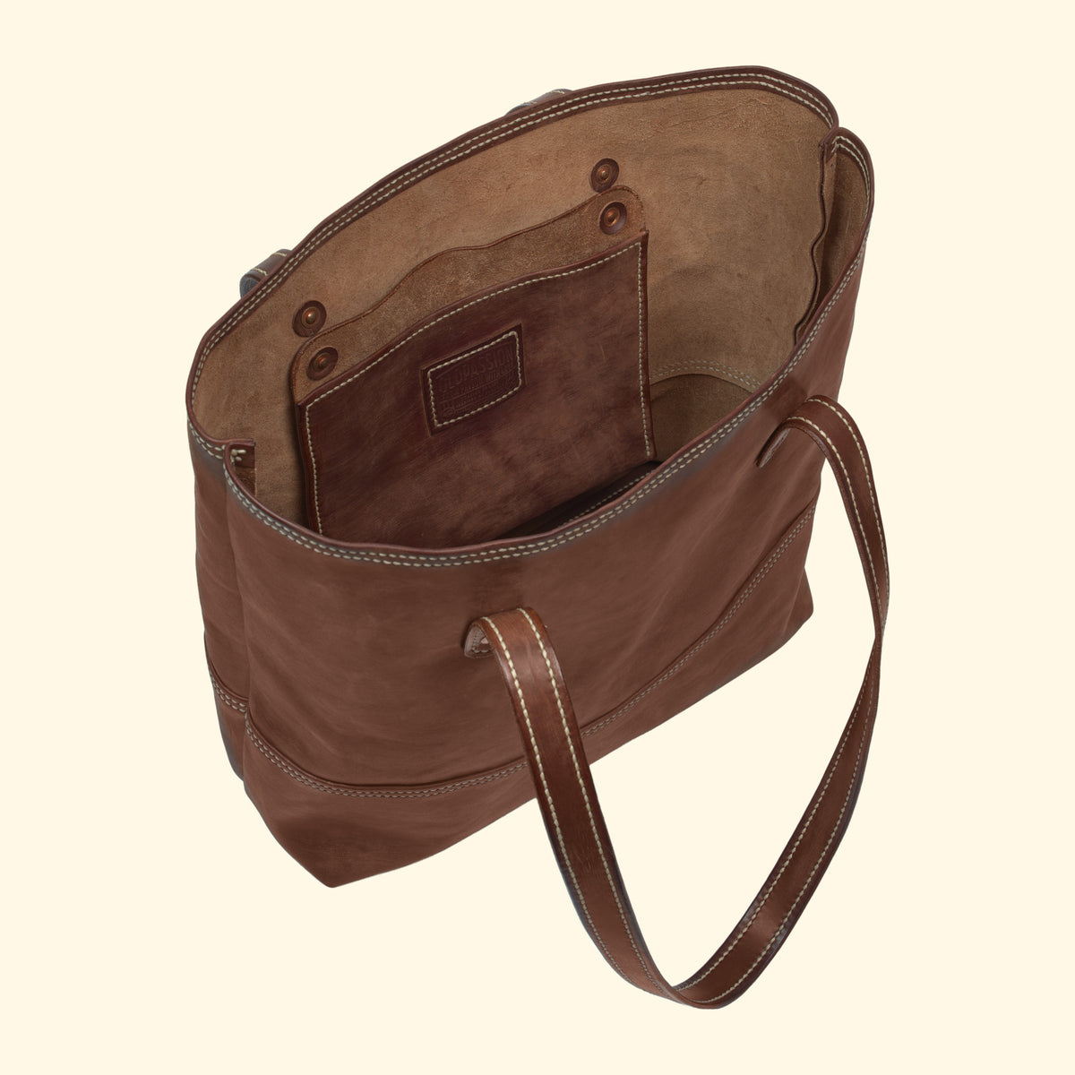 Leather Tote Bag No.1, braun gesprenkelt, geöffnete Tasche mit Innentasche