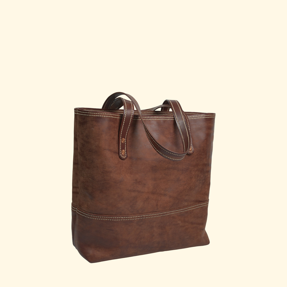Leather Tote Bag No.1, braun gesprenkelt, schräge Gesamtansicht mit umgelegten Henkeln