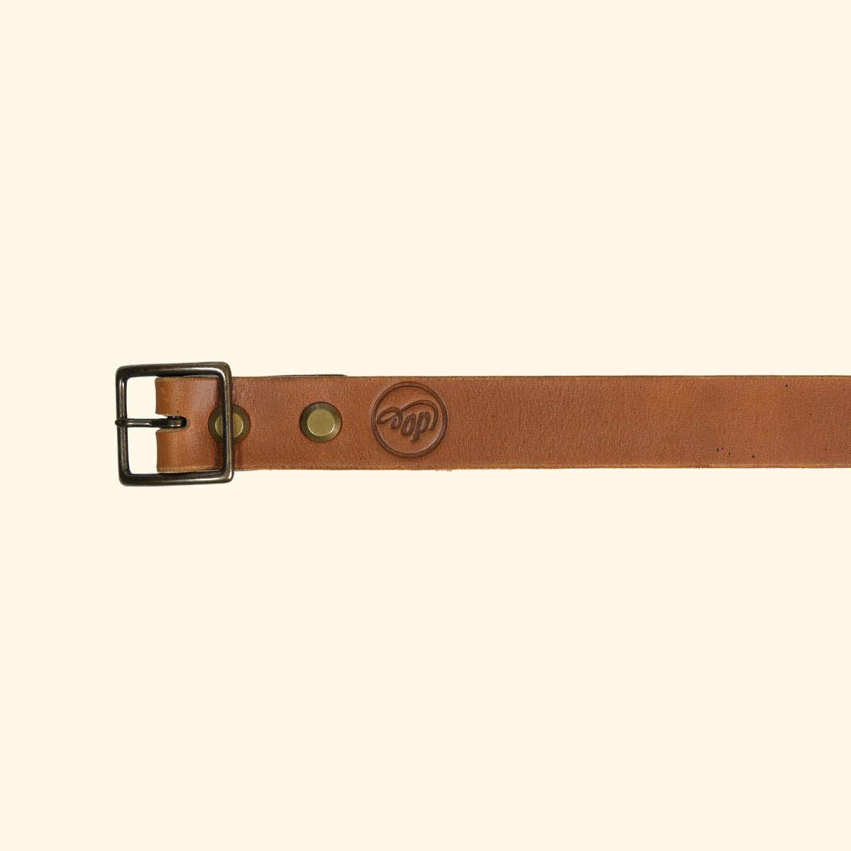 Nahaufnahme des oldpassion op belt slim aus Horween Cavalier Leder in Sunflower mit Antique-Schnalle und sichtbarem op-Logo als Prägung