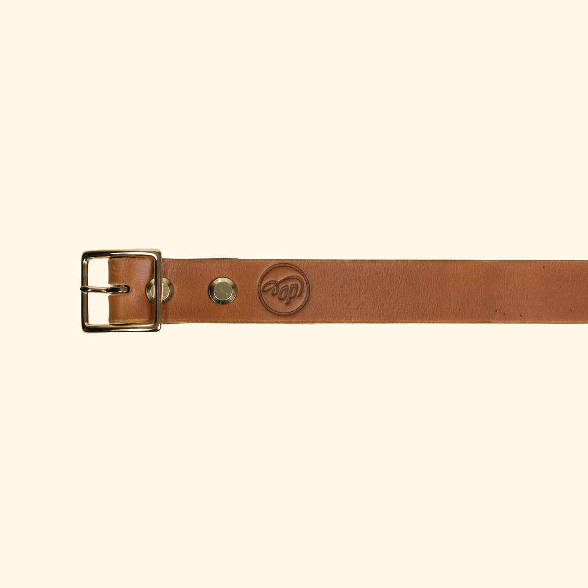Nahaufnahme des op belt slim von oldpassion mit goldener Mittelsteg-Schnalle, zwei Messing-Schraubnieten und runder op Logo-Prägung auf pflanzlich gegerbtem Horween Cavalier Leder in Sunflower