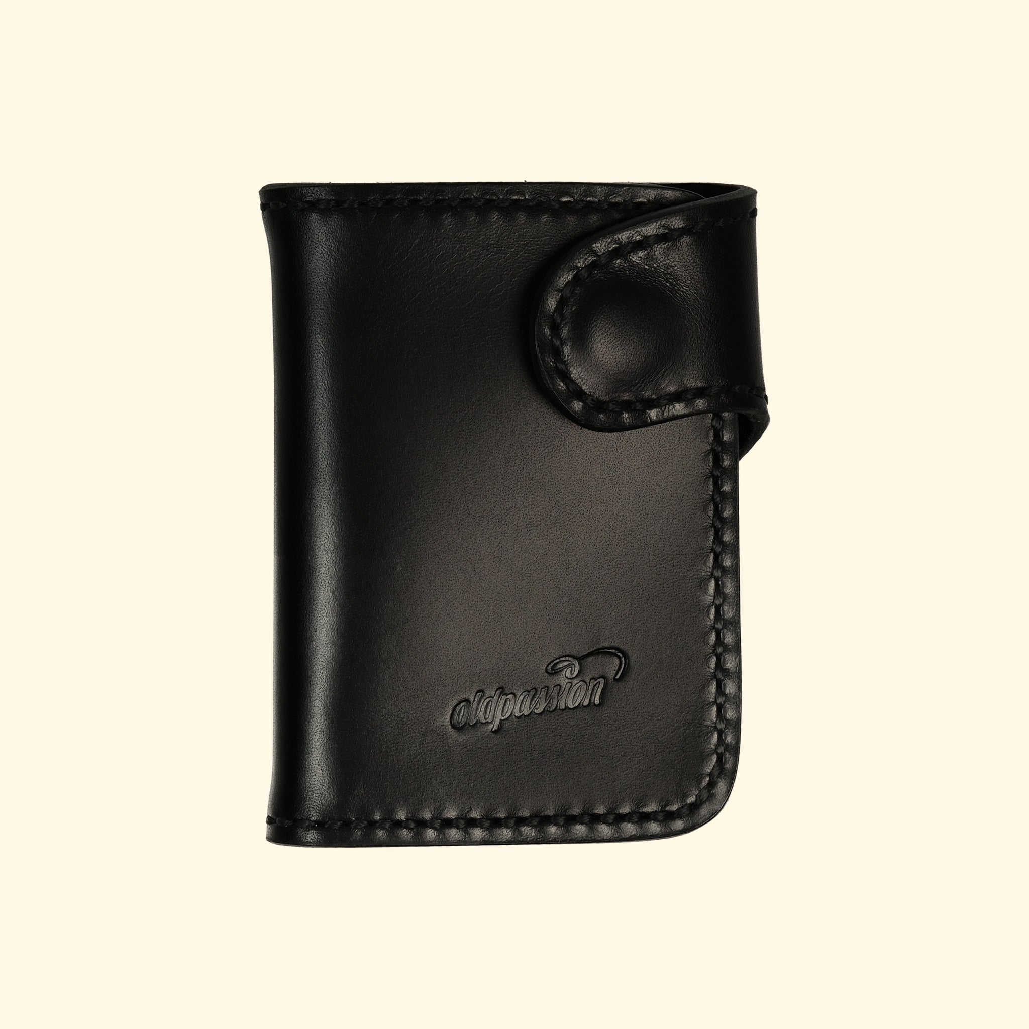 Snap Wallet schwarz mit schwarzem Faden, Vorderseite, oldpassion