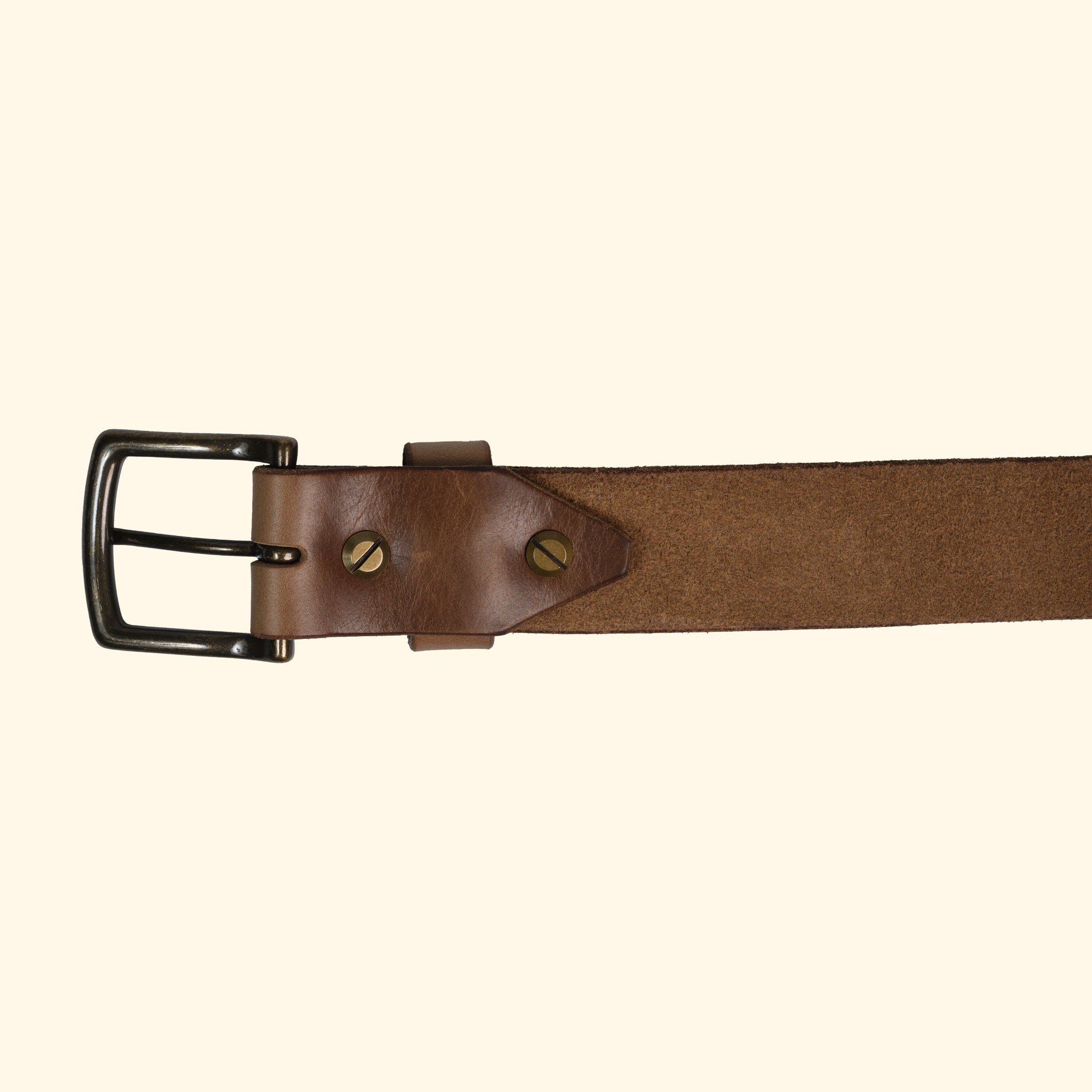 op belt Ledergürtel aus Horween Chromexcel Natural mit Antik-Messingschnalle, Rückseite – oldpassion