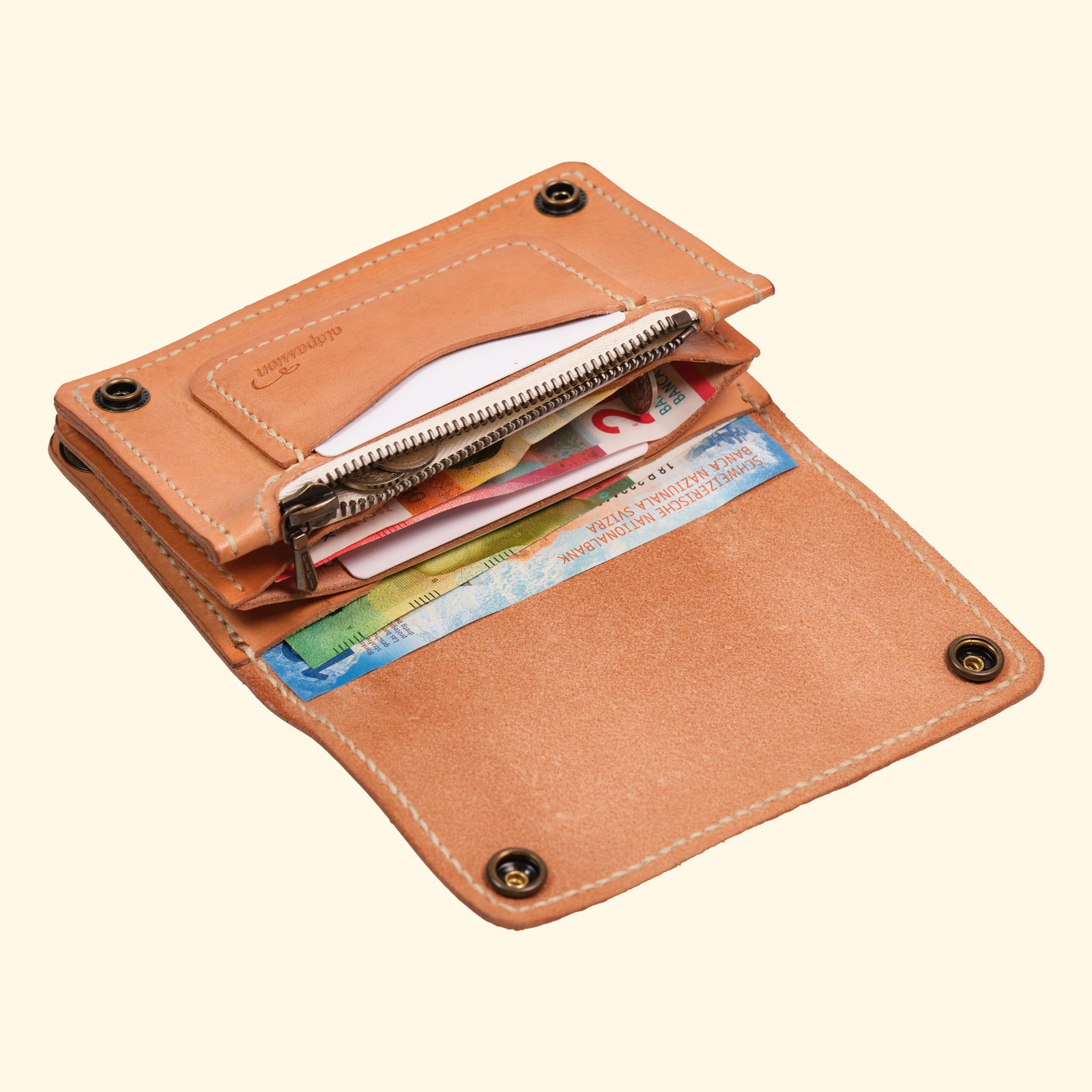 Trucker-Wallet-Extravagantes-Leder-Portemonnaie-nature-Leder-antique-hardware-oldpassion-from-prison-with-love-Bargeld-und-Kreditkarten-gefuellt