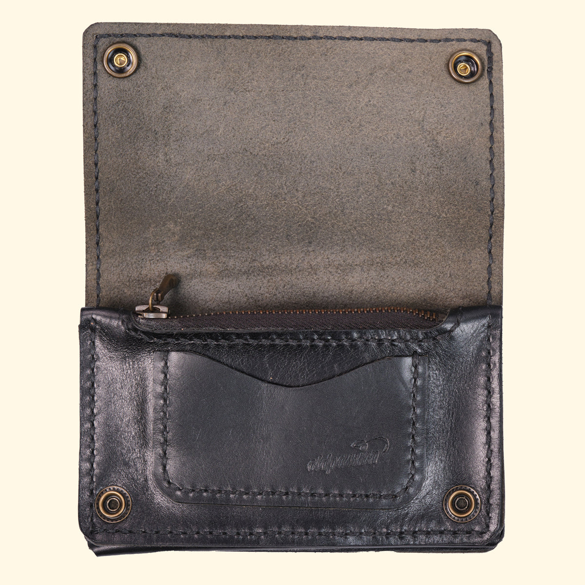 Trucker-Wallet-Extravagantes-Leder-Portemonnaie-schwarz-Leder-antique-hardware-oldpassion-from-prison-with-love-Vorderseite-geoeffnet